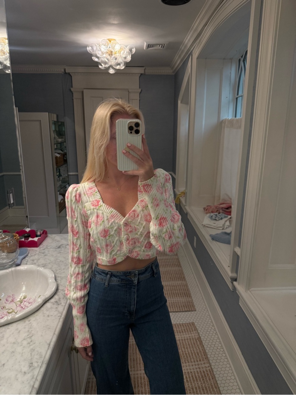 LoveShackFancy Pink and Cream Floral Cropped V‑Neck Cardigan